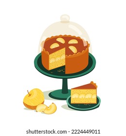 Apple pie on cupcake stand with glass dome vector icon. Cover lid to store sweet pastry, baking accessory, serving tray. Apple pie slice flat design element illustration. Restaurant, bakery decoration