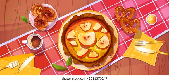 Apple pie on kitchen table top view cartoon vector. Thanksgiving sweet tart dessert above. Autumn feast dinner in restaurant. Holiday pastry on traditional wooden worktop for catering graphic design