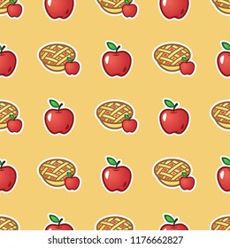 Apple pie on red pattern background. Sweet and tasty baked fruit pie from red apples seamless pattern