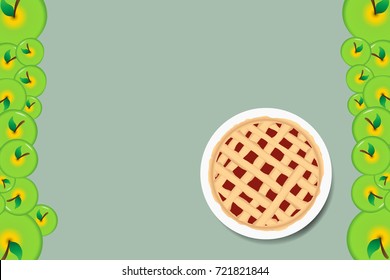 Apple pie on the white plate. The edges of the vector are lined with green apples.