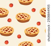 Apple pie pattern background. Sweet and tasty baked fruit pie from red apples seamless pattern