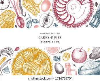 Apple pie and pear cooking process banner. Hand drawn baking cakes, pies, ingredients design. Homemade fruits dessert recipe book. Top view illustration for food delivery, cafe menu. Dairy products.