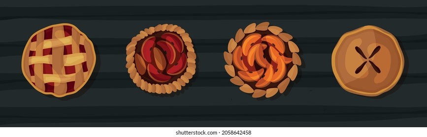 Apple pie, pecan pie, pumpkin pie for Thanksgiving, Thanksgiving food, vector illustration of food, traditional Thanksgiving dishes. Menu items. Sugar. Delicious pastries with filling. Handmade work.