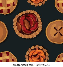 Apple pie, pecan pie, pumpkin pie for Thanksgiving, Thanksgiving food, vector illustration of food, traditional Thanksgiving dishes. Menu items. Delicious pastries with filling. Seamless pie pattern.