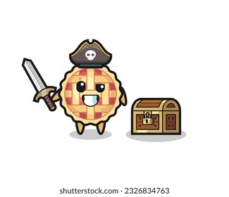 the apple pie pirate character holding sword beside a treasure box , cute style design for t shirt, sticker, logo element