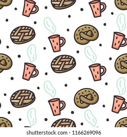 Apple pie, pretzel and coffee doodle seamless pattern. Stock vector