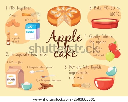 Apple pie recipe. Sweet bakery ingredients, homemade fruit cake, tasty dessert menu, flour, sugar, eggs, exact quantity, prepare pastry cartoon flat style isolated illustration classy vector concept