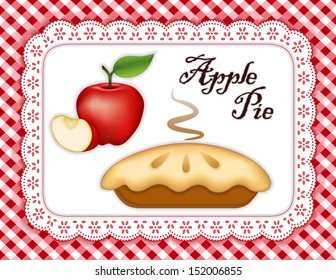 Apple Pie, ripe fruit, slice, white eyelet lace doily place mat, red gingham check background. Tasty sweet fresh baked dessert. See other pies in this series. 