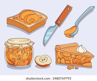 Apple pie set isolated on white background. Vector cartoon illustration of piece of fresh baked tart with sweet cream and peaches, jam in glass jar and spoon, confectionery cafe menu design elements