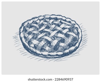 Apple pie sketch obsolete blue style vector illustration. Old hand drawn azure engraving imitation.