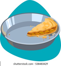 Apple pie slice in aluminum pie pan. Tasty pie leftovers in deep shiny bowl. Isolated. On green background.