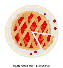 Apple pie with a slice cut off on a white plate. Vector illustration in a flat style on a white background isolated.