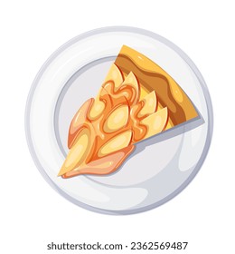 Apple pie slice on plate, top view vector illustration. Cartoon isolated triangle piece of baked tart with sliced apple in filling and caramel sauce, tasty homemade golden dessert of autumn harvest