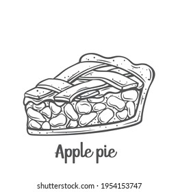 Apple pie slice outline vector icon. Drawn American homemade traditional dessert.