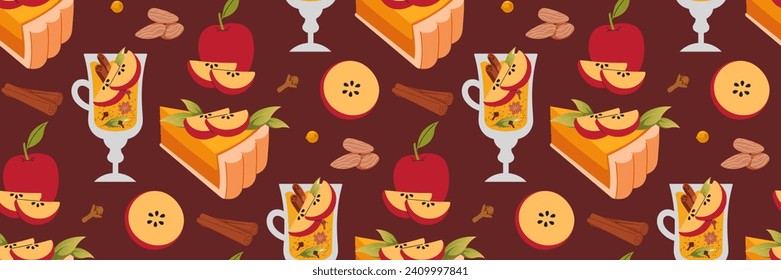 Apple pie slice seamless pattern. Delicious sweet apple pastries. Hand-drawn cake, punch and spices. Background for packaging, paper, kitchen interior, menu design and brand. Vector flat illustration.