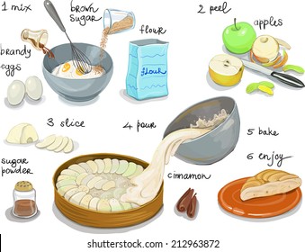 Apple pie. Step by step recipe in pictures make a cake with fresh apples, eggs, flour, sugar. Homemade pie, dessert, sweet dish.   svg