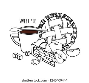 Apple pie. Sweet fruit cake with a coffee cup and a teaspoon. Graphic print, outline drawing. Illustration for bakery, cafe, diner, breakfast menu. Vector illustration.