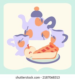 Apple pie, tea vector set. Bakery design. Cook book. Apples, purple teapot, cup. Country style.