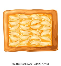 Apple pie, top view vector illustration. Cartoon isolated whole rectangular fruit tart with crust, baked filling of apple slices and caramel or vanilla cream, rustic traditional sweet pie of autumn