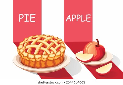 Apple Pie Vector Illustration Featuring Fresh Apple Slices on Plates, Set Against a Red Background – Perfect for Dessert-Themed and Food Illustration Designs.