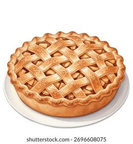 Ilustração de vetor de torta de maçã em branco. Apetitosa sobremesa marrom-dourada com crosta de treliça clássica sobre recheio de fruta doce e grossa, cozimento tradicional.