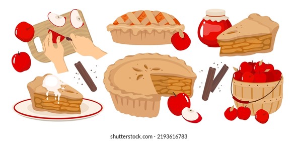 Apple pie vector set. Slice, cutting board, sliced pie, harvest apples in a basket. Vector illustration.