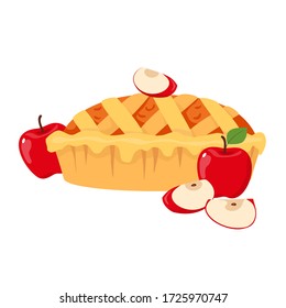 Apple pie with whole apples and slices. Illustrated vector element.