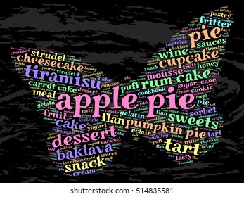 Apple pie. Word cloud, butterfly, grunge background.  Food concept.