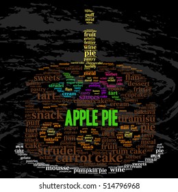 Apple pie. Word cloud, celebration cake with a candle, grunge background. Food concept.