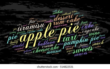 Apple pie. Word cloud, grunge background. Food concept.