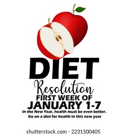 An apple and a piece of half apple with bold text and sentences isolated on white background to celebrate Diet Resolution Week on First Week Of January 1-7