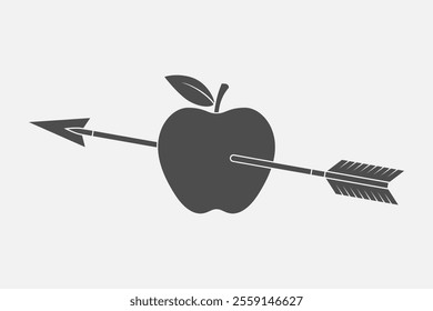 Apple pierced by an arrow graphic icon. Arrow hit the target bullseye. Sign isolated on white background. Vector illustration