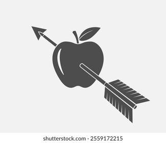 Apple pierced by an arrow graphic icon. Arrow hit the target bullseye. Sign isolated on white background. Vector illustration