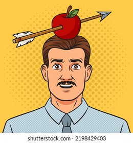 Apple pierced by arrow on man head pinup pop art retro vector illustration. Comic book style imitation.