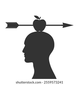 Apple pierced by an arrow on a man's head. Arrow hit the target bullseye. Silhouette isolated on white background. Vector illustration