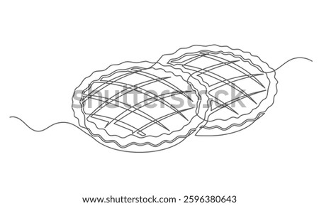 Apple pies continuous one line isolated on white background. Bakery symbol art drawing.  Apple pies design outline. Editable stroke. Vector illustration