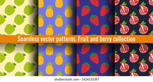 Apple, pineapple, strawberry and garnet. Fruit seamless pattern set. Food print for clothes or linens.  Fashion design. Beauty vector sketch background collection