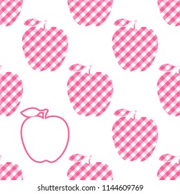 Apple pink checkered abstract. Seamless pattern with accent one apple contour isolated on white background. Vector design texture.