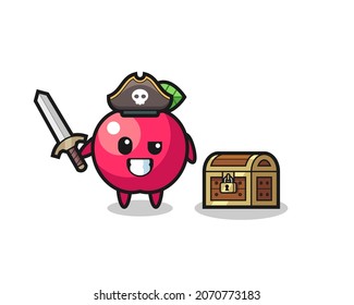 the apple pirate character holding sword beside a treasure box , cute style design for t shirt, sticker, logo element