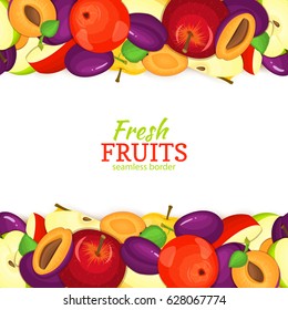 Apple plum horizontal seamless border. Vector illustration fruit coposition Yellow red and green apples plum fruit whole and slice for packaging design of juice jam breakfast healthy eating detox diet