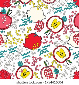 Apple and pomegranate. Doodles. Summer drawing. Fruits. Colored drops. Seamless vector pattern (background). Cartoon print.