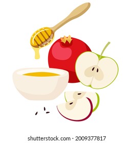 Apple, pomegranate and honey for Jewish New Year Holiday. Happy Rosh Hashanah set with traditional symbols. Shana Tova vector elements isolated on white for card, border, banner, invitations.