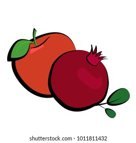 Apple and pomegranate on a white background. Vector fruit symbols. Fruit combination