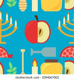 Apple and pomegranate pattern, honey, Menorah, candle, spoon for honey