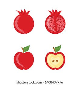 Apple, pomegranate vector icon set in flat, cartoon style.Vector illustration is isolated on white background. Apple, pomegranate are symbol of healthy lifestyle, can be used for your design, as logo.