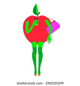 Apple . Portrait of a girl-an apple with a paper cup of coffee in her hand