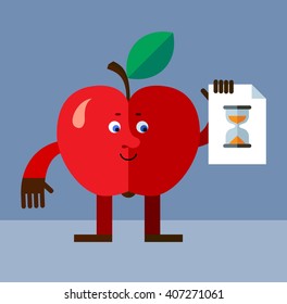 Apple with preloader icon. Flat style vector illustration. Funny cartoon character for agriculture or food design