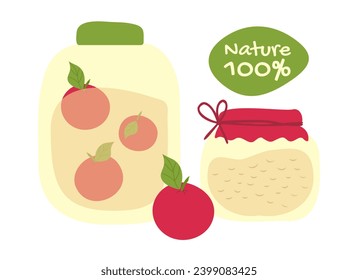 Apple preparations - compote, jam. 100 Natural. Cooking canned food for the winter. Preservation Fruit. Homemade farmer drink. Vegan Sweet Food. Doodle. Color image. Vector illustration