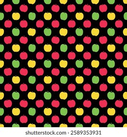Apple Print. Seamless Memphis Fruit Pattern with Green, Red, Yellow Apples on Black Background. Sample can be used for Fabric, Cover, Mugs, Wrapping Paper. Vector Illustration