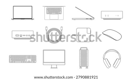 Apple Product Icon Set Featuring MacBook Mac mini iMac Magic Keyboard Magic Mouse Power Adapter Cable Headphones and Accessories Illustration